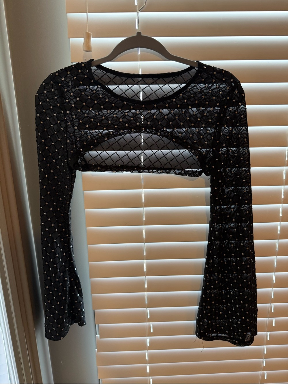 ROMWE- Black Sheer Crop Top with Glitter Grid